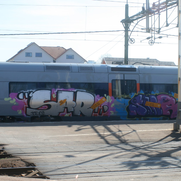 Graffiti an einem Zug mit sichtbaren Kabeln, Häuser mit Fenstern im Hintergrund.
