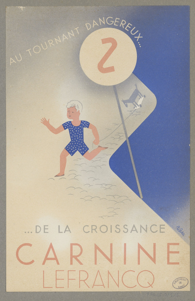 Ein Faschingsplakat in Frankreich mit einer Person in einem hellgelben Kleid, die in der Mitte strahlend lächelt, umgeben von schwarzem Text, der "Fasching" lautet.