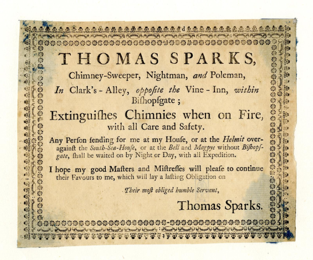 Papier mit gedrucktem Text, der die Dienstleistungen des Kaminfegers Thomas Sparks ankündigt, einschließlich Feuerlöschung, befindet sich in Clark's Alley in der Nähe des Vine-Inn in Bishopsgate.