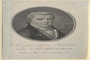 Porträt von Joseph Marx Freicher von Liechtenstein, einem deutschen Komponisten, in einem schwarzen Anzug und einem weißen Hemd mit einem ernsten Gesichtsausdruck, hält ein Blatt Papier in der Hand.