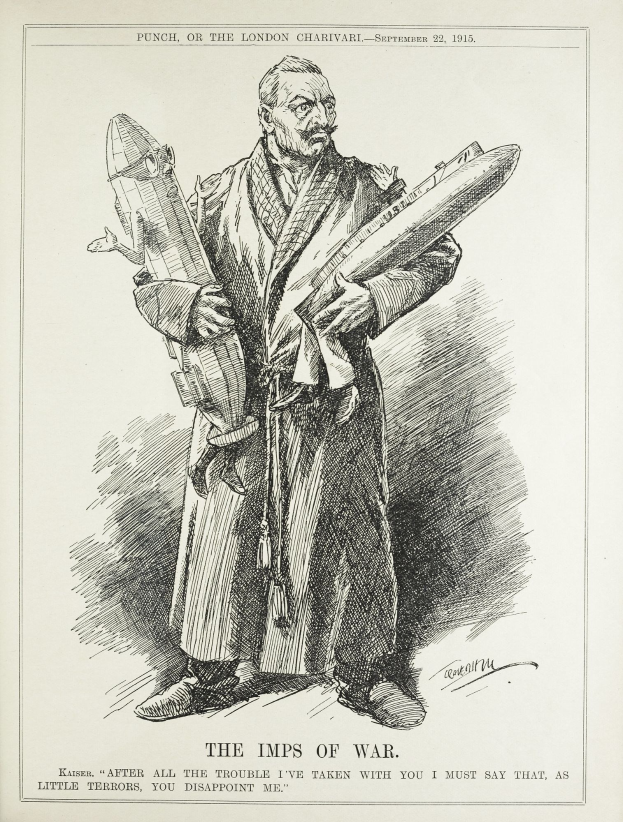 Ein altes Buch mit einer Zeichnung eines Mannes, der eine Rakete hält, mit der Aufschrift "Die Kriegsgeister" auf der Seite.