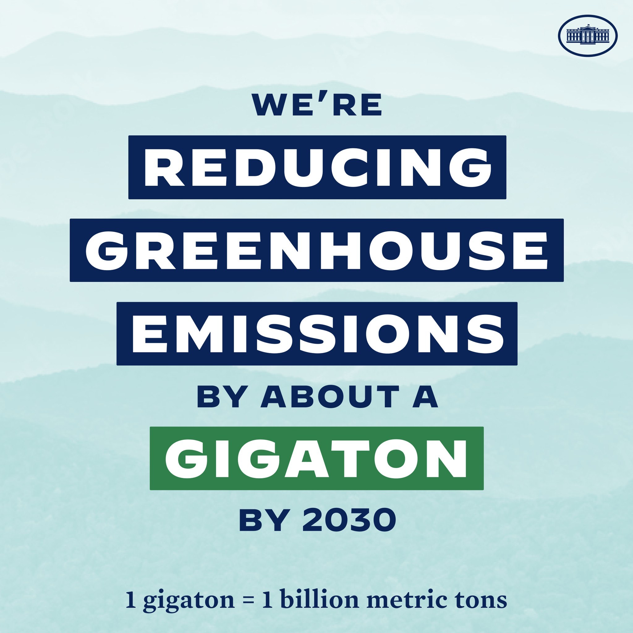 Plakat mit Text und Logo, das "Wir reduzieren die Treibhausgasemissionen um etwa eine Gigatonne bis 2030" verkündet und für eine significativa Reduzierung der Treibhausgasemissionen bis 2030 wirbt.