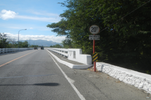 Eine Fahrbahn mit Fahrzeugen, ein Tempolimitschild, Geländer, Laternenpfähle, Bäume und ein bewölkter Himmel.