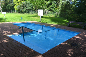 Ein leerer Swimmingpool in einem Park, umgeben von einem Metallzaun, einer Bank, Informationsschildern, Gras, Bäumen und unter einem bewölkten Himmel.
