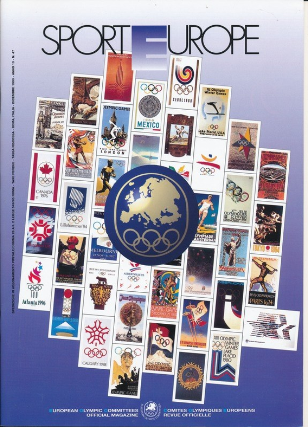 Ein Buchumschlag mit dem Titel "Sport in Europa", der farbenfrohe Bilder und Texte über Olympische Spiele in Europa zeigt, mit fetter weißer Titelbeschriftung.