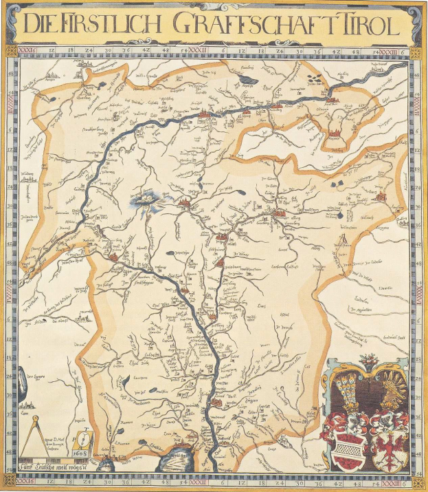 Ein detailliertes historisches Plakat der ersten Grafschaft Tirol-Karte, das geografische Merkmale wie Flüsse, Berge und Städte zeigt und von begleitendem Text über die Region und ihre Bewohner informiert.