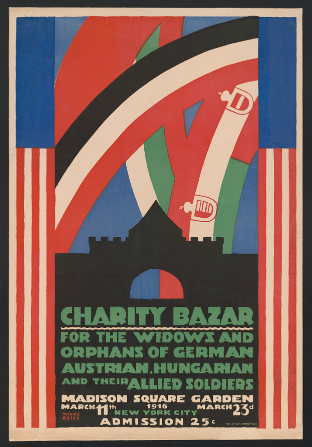 Plakat für einen Wohltätigkeitsbasar, der Witwen und Waisen deutscher, australischer, ungarischer und alliierter Soldaten unterstützt, mit Text, der die Ereignisinformationen enthält.