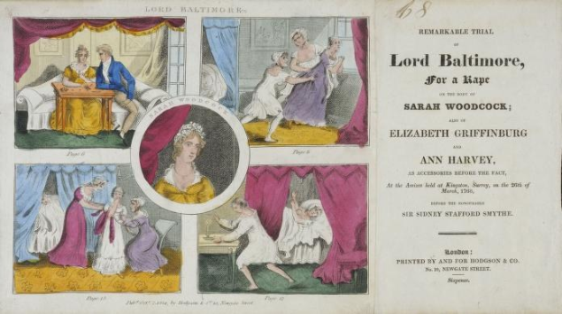 Ein historisches Dokument, das einen Prozess von Lord Baltimore wegen angeblicher Vergewaltigung zeigt, mit Illustrationen von Menschen, Vorhängen und geschriebenem Text.