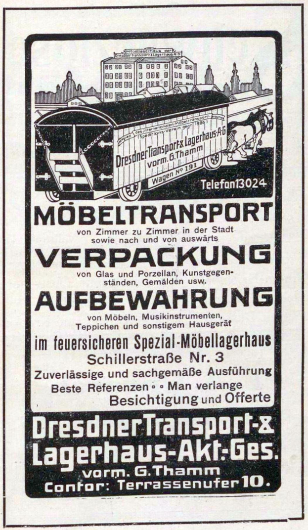 Anzeige für eine Bahn mit einem Bild einer Bahn, Text 'Dresdner Transport & Lagerhaus-Akt-Ges' und ein paar Gebäuden im Hintergrund.