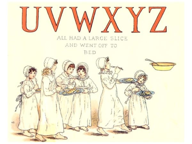 Eine Gruppe von Menschen hält Teller mit Essen, eine Schüssel und einen Löffel, mit Text oben: "Uwxyz - Alle hatten einen großen Bissen und gingen ins Bett."
