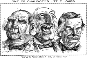Plakat mit dem Titel "Einer von Chaunceys kleinen Scherzen" mit einer Zeichnung von drei lachenden Menschen.