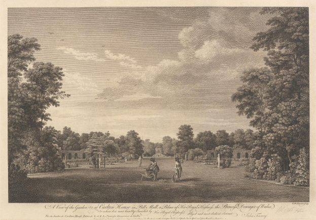 Gartenblick im Ballhaus im Palast des Prinzen von Wales mit Bäumen, Menschen, einem Wagen, Pflanzen und einem bewölkten Himmel, mit Text unten.