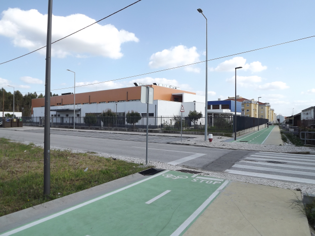 Eine Stadtstraße mit einem grünen Fahrradweg in der Mitte, umgeben von Gras, Pfählen, Laternen, Schildern, Absperrungen, Pflanzen, Bäumen und Gebäuden, unter einem bewölkten Himmel.