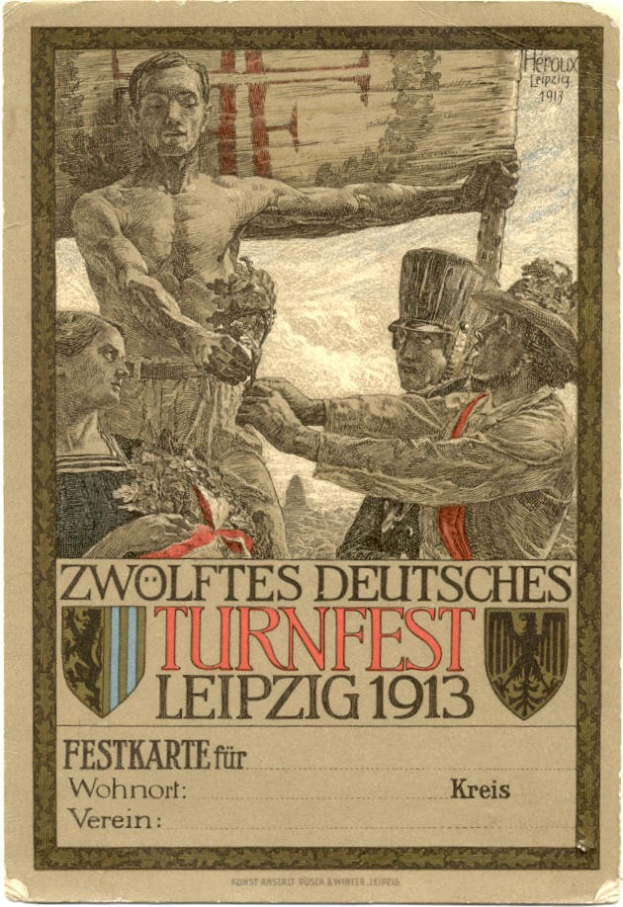 Plakat für das Zwölfte Deutsche Turnfest Leipzig 1913 mit einer zentralen Gruppe von Menschen und Text über das Ereignis.