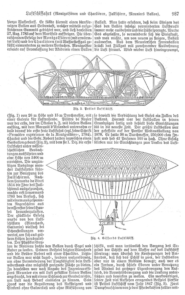 Altes Buch mit einer Zeichnung eines 19. Jahrhundert-Luftschiffs und begleitendem Text.