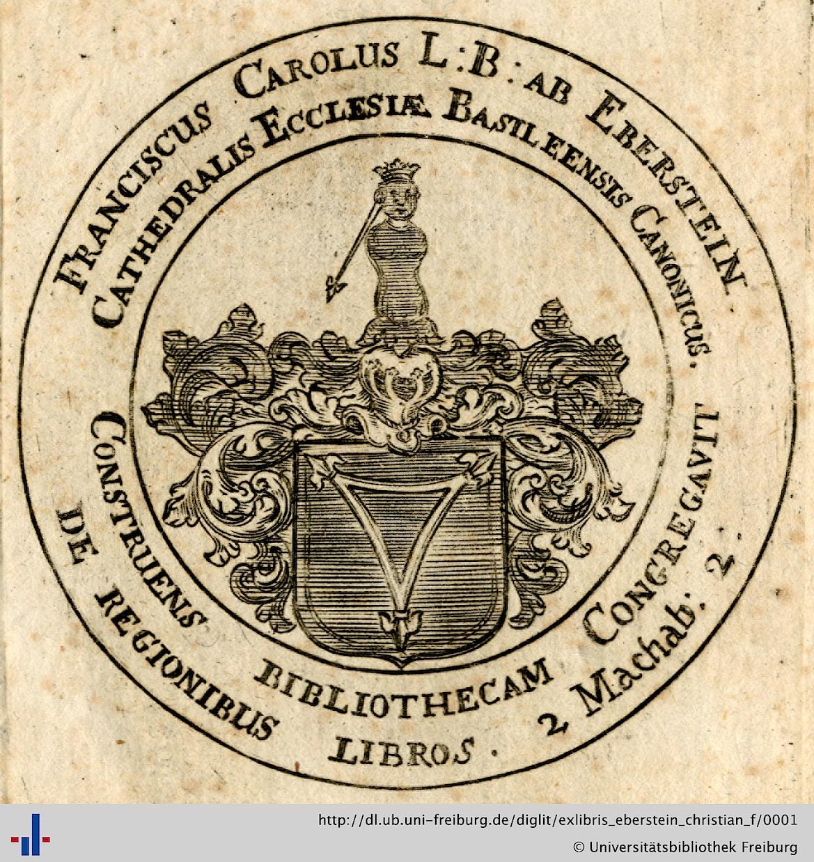 Altes Buch mit einem Wappen, das einen Schild, eine Krone, einen Lorbeerkranz und die Wörter "Bibliothek" auf einem Banner sowie den Text "Bibliotheken" darunter zeigt.