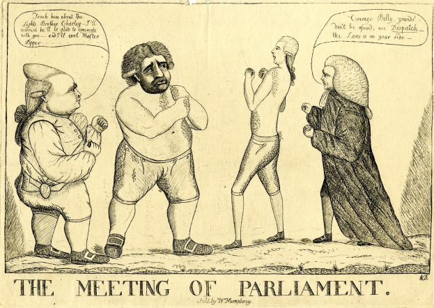 Ein Bleistiftzeichnen zeigt drei Personen, die diskutieren, wobei eine Person lebhaft gestikuliert, unter der Überschrift "Parlamentssitzung" unten.