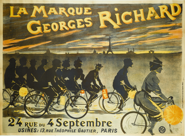 Plakat für ein Fahrradrennen in Paris mit Fahrradfahrern und dem Eiffelturm im Hintergrund, inklusive Veranstaltungstext.