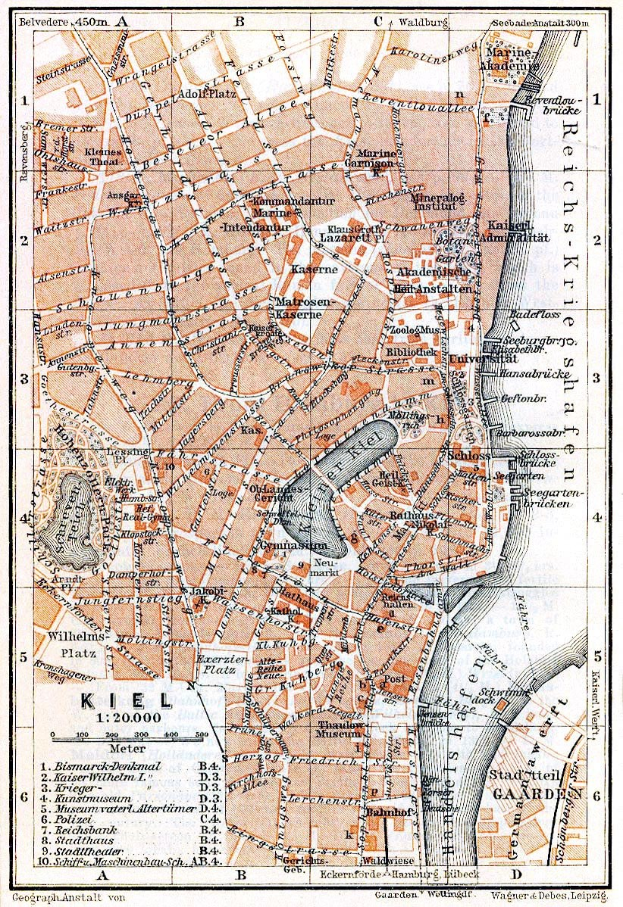 Detailiertes altes Stadtplan von Kiel, Deutschland, mit sichtbaren Straßen, Gebäuden und Sehenswürdigkeiten, mit Text oben und unten.