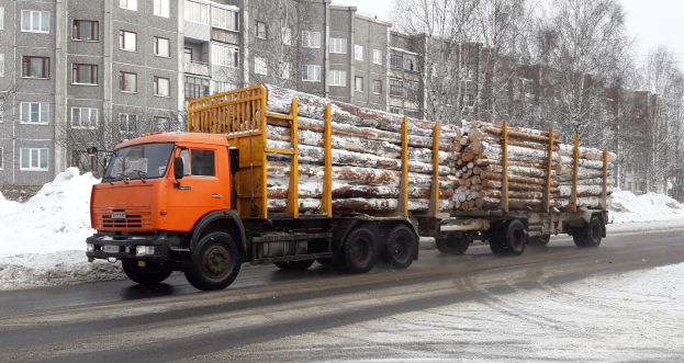 Lastwagen mit Holztransport auf schneebedeckter Straße mit Bäumen, fensterlosen Gebäuden und einem klaren Himmel im Hintergrund.