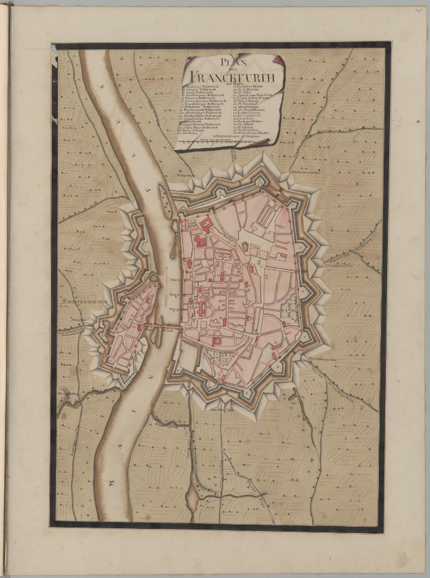 Ein detaillierter Stadtplan von Frankfurt, Deutschland, gedruckt auf den Seiten eines alten Buches, zeigt Straßen, Gebäude und Sehenswürdigkeiten mit begleitendem Text.