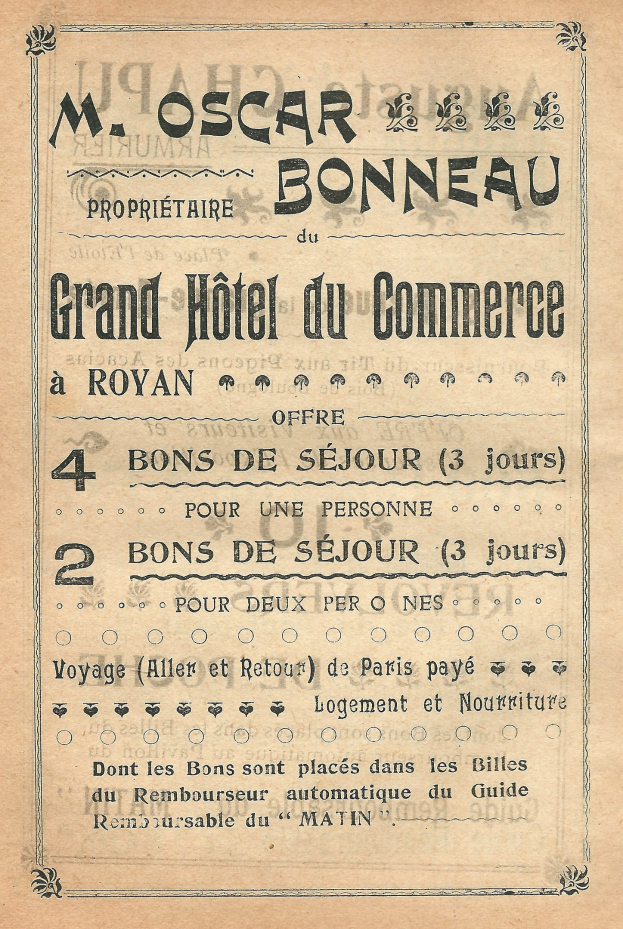 Anzeige für das Grand Hotel du Commerce in Paris mit Text über die Angebote auf altem Papier.