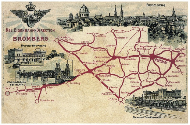 Detaillierte Plakatkarte von Bromberg, Deutschland, zeigt Straßen, Gebäude, Bäume, eine Brücke und Text mit historischem und kulturellen Informationen.