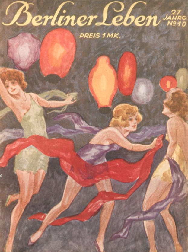 Ein Magazin-Cover mit einem Bild von drei Frauen in bunten Kleidern, die mit ausgestreckten Armen tanzen und von farbigen Ballons umgeben sind, mit dem Text 'Berliner Leben' wahrscheinlich der Magazintitel.