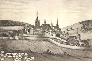 Eine Schwarz-Weiß-Zeichnung einer Stadt mit einem zentralen Schloss, umgeben von Häusern, Bäumen, Hügeln und Himmel, mit dem Text "Bayerisch" unten.