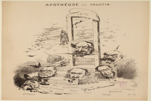 Eine handgezeichnete Skizze auf Papier zeigt eine Gruppe von Menschen mit menschlichen Gesichtern in einem Käfig, die einen humorvollen Ton vermittelt.