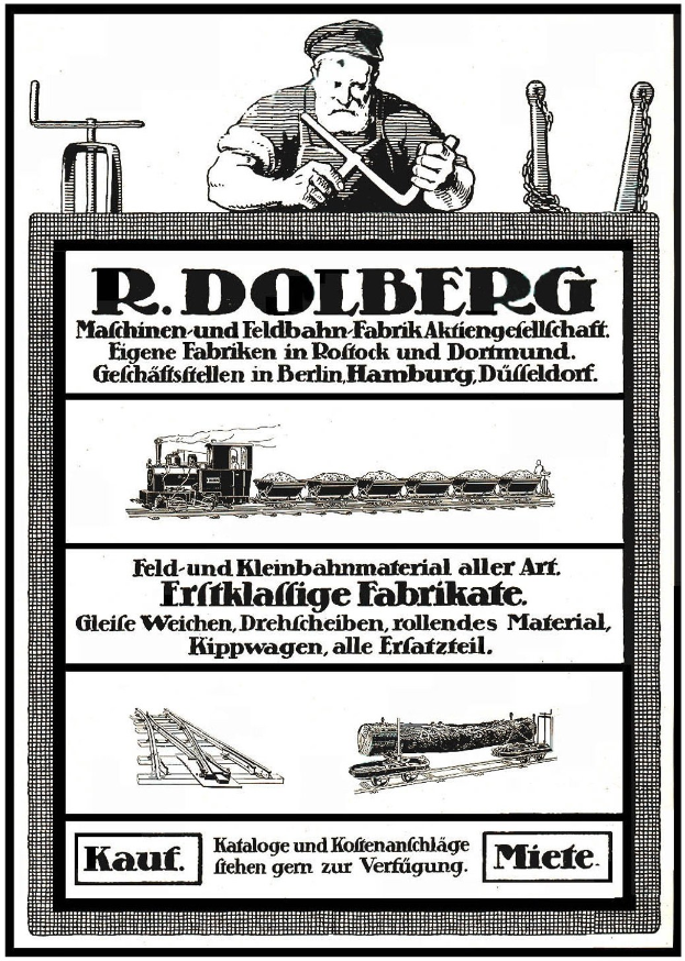 Werbeplakat für die Fabrik von R.D. Dolberg in Hamburg, Deutschland, mit Text und Abbildungen einer Person, eines Zuges und anderer Gegenstände.