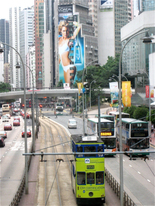Eine belebte Stadtstraße mit Doppeldeckerbussen, Autos und anderen Fahrzeugen, umgeben von hohen Gebäuden, Bäumen, Straßenlaternen und einer Brücke unter einem klaren blauen Himmel, mit Text unten.