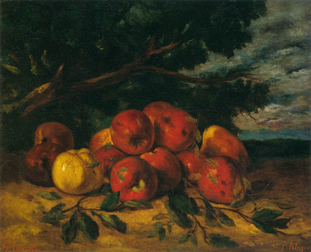 Ein Bild mit dem Titel "Naturstillleben mit Äpfeln und Birnen" von St. Pelagre, das ein Stillleben von Äpfeln und Birnen auf einem Tisch mit einem Baum und einem bewölkten Himmel im Hintergrund zeigt.