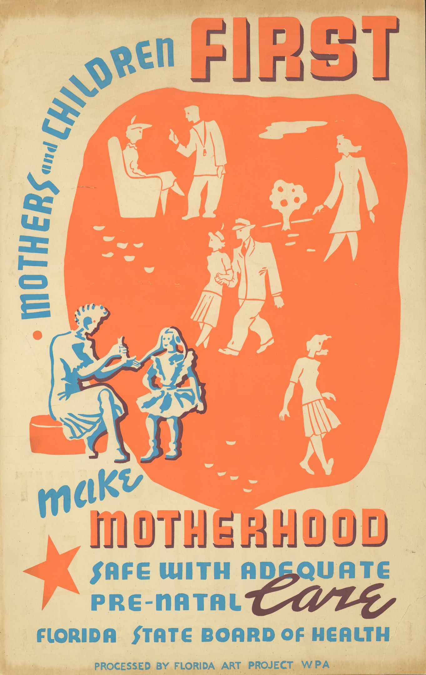 Plakat mit fettem weißen Text "Machen Sie die Mutterschaft mit ausreichender Vorsorge sicher" auf einem hellblauen Hintergrund, das verschiedene lächelnde Menschen unterschiedlichen Alters, Geschlechts und Ethnien zeigt.