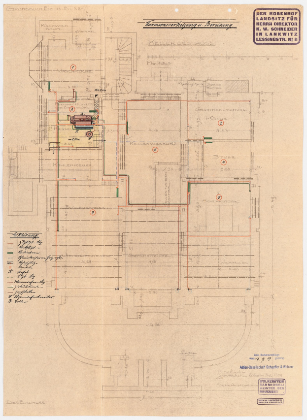 Schwarz-weißes Architekturzeichnung des Rosenhof-Krankenhauses in Hamburg, Deutschland, zeigt detailliertes Layout mit zahlreichen Kabeln, Räumen, Fluren und Textanmerkungen.