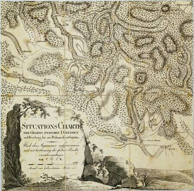 Alte Karte von London, England, mit Text zu den Standorten, überlagert mit einer Tabelle der Route zwischen Dresden und Freiburg, auf Papier gedruckt.