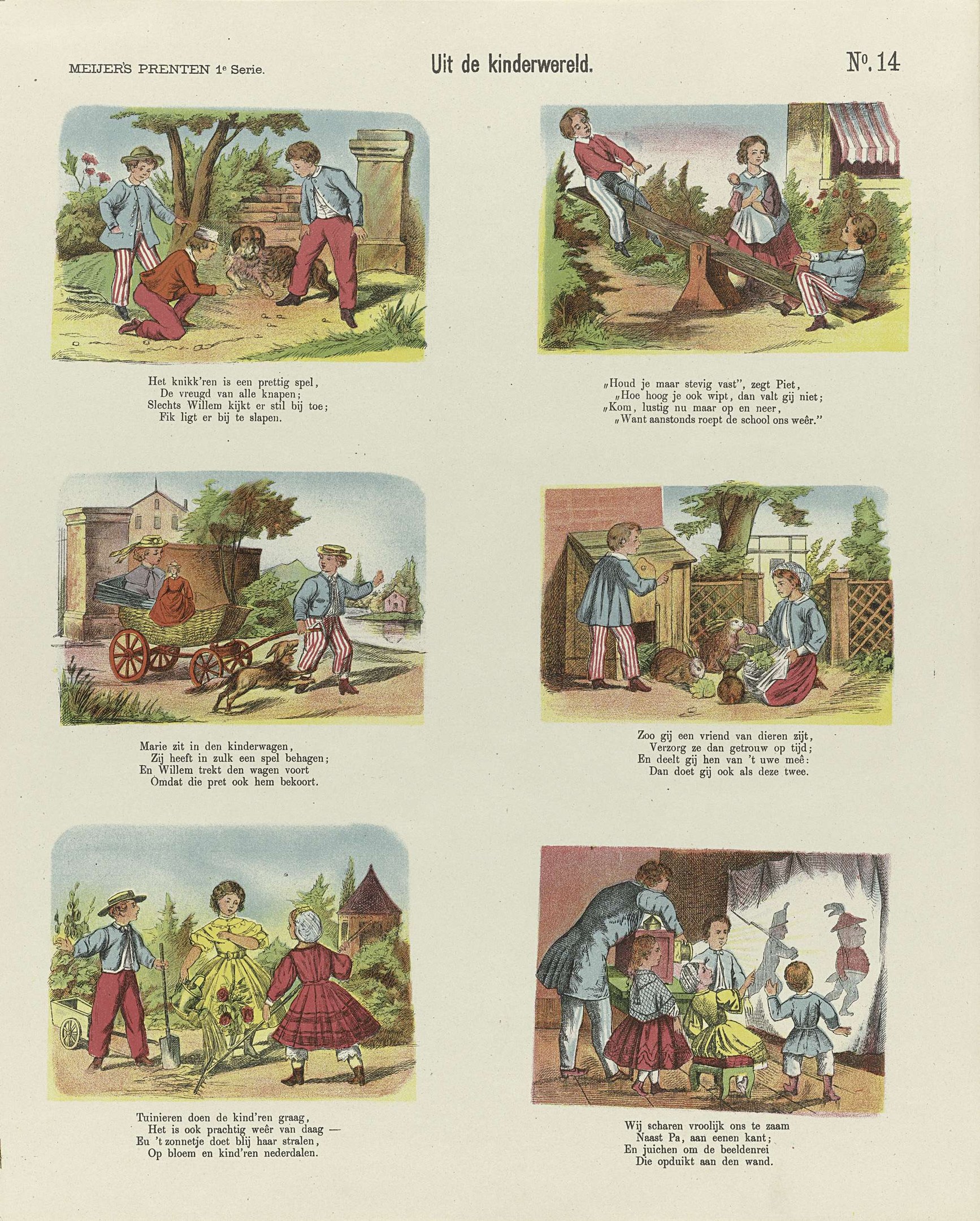 Ein aufgeschlagenes Buch mit Illustrationen von Kindern, die im Park spielen, umgeben von Bäumen, Gebäuden und einem Wagen, zusammen mit Text.