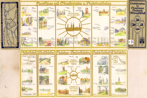 Ein altes Buch mit einer Deutschlandkarte auf dem Cover, das Illustrationen und Text enthält.