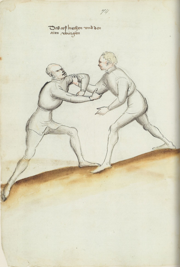 Zwei Männer in einer körperlichen Auseinandersetzung, einer wirft einen Schlag auf den anderen und steht auf einem Papier mit Text.