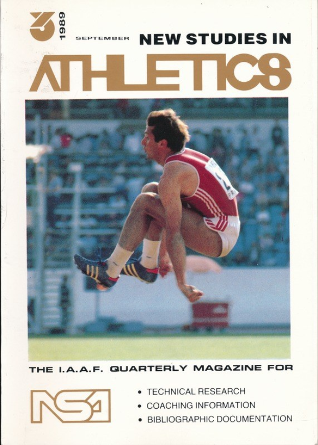 Titelbild eines Buches namens "Neue Studien im Sport September 1989" mit einer Illustration eines Mannes in der Luft
