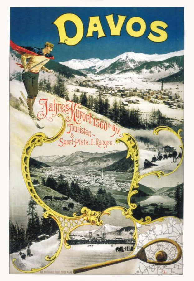 Ein Vintage-Plakat bewirbt das Skigebiet Davos in der Schweiz, das einen Skifahrer im Vordergrund und Bäume, Häuser und Berge im Hintergrund zeigt, sowie beschreibenden Text.