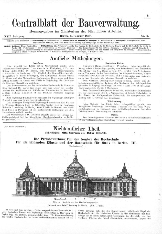 Alte deutsche Zeitungsvorderseite vom 6. Februar 1897 mit einer prunkvollen Gebäudeillustration und dekorativem Rahmen und schwarzer Tinte.