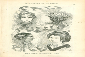 Ein altes Buch mit dem Titel "Die queere Seite der Dinge" und einer Zeichnung von vier FrauenGesichtern auf dem Cover.