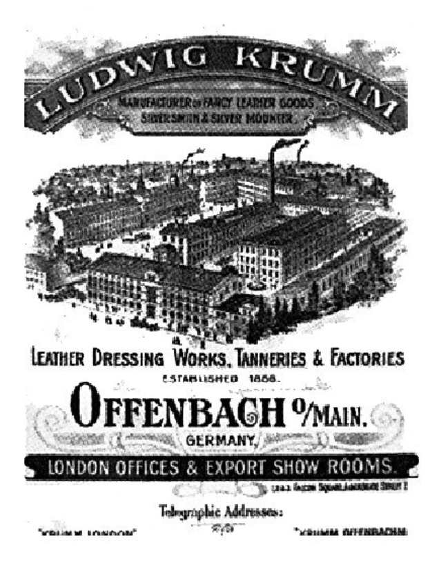 Anzeige für Ludwig Krumm Lederpflegewerke, Gerbereien & Fabriken in Offenbach, Deutschland, mit einem Schwarz-Weiß-Bild und Text.
