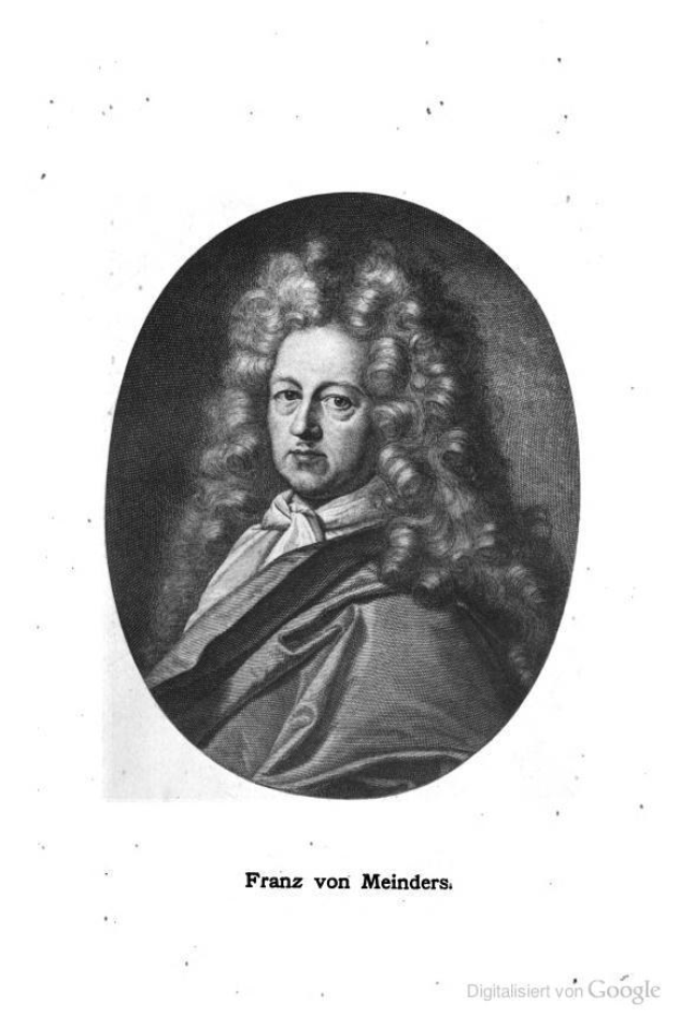 Schwarzes und weißes Porträt von Franz von Meinders, einem deutschen Komponisten mit langen Locken, und deutscher Text unten.