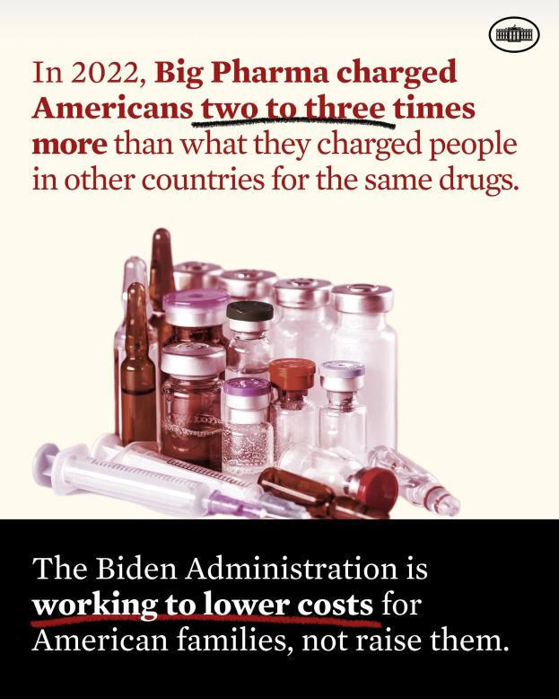 Ein Plakat mit Text "Big Pharma verlangen in 2022 in den USA zwei bis drei Mal so viel wie in anderen L"ndern f"r dieselben Medikamente" mit ein paar Flaschen und einer Spritze unten.