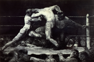 Schwarz-weiß-Zeichnung von zwei Boxern im Ring, die sich gegenseitig boxen, während eine jubelnde Menge zusieht.