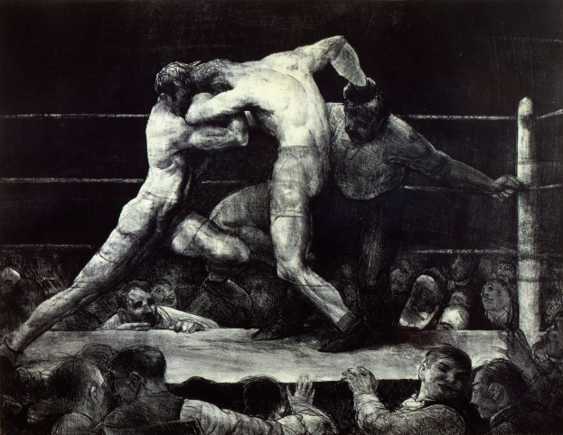 Schwarz-weiß-Zeichnung von zwei Boxern im Ring, die sich gegenseitig boxen, während eine jubelnde Menge zusieht.