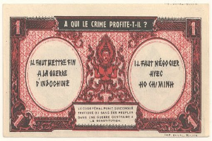 Eine alte französische Banknote mit einem ernst aussehenden Mann in einem Anzug darauf, auf der der Text "A qui le crime profite-il?" steht, vor einem weißen Hintergrund mit einem schwarzen Rand.