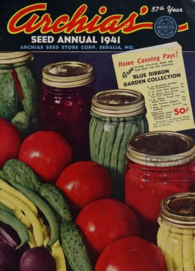 Ein Buch mit dem Titel "Archias Saatgut-Jahrbuch 1941" mit einem Cover mit Tomaten, Gurken, Paprika und Gläsern voller verschiedener Gemüse.